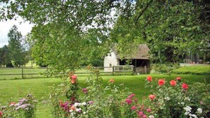 A rural landscape with a stone house, lush greenery, and a variety of flowering plants.