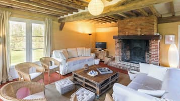 Télévision, cheminée, lecteur de DVD, table de tennis de table