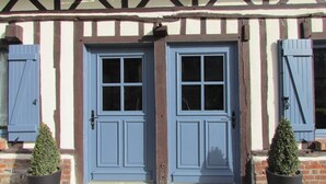 A traditional building with two blue doors and shutters, a tiled roof, and potted plants on the ground.