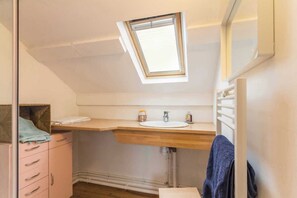 A compact, modern bathroom with a skylight, a wooden vanity, and a white sink.