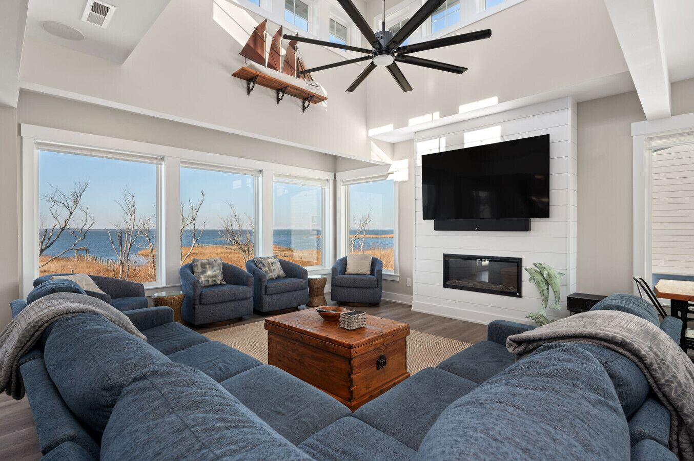 Smart TV, fireplace, video games, foosball