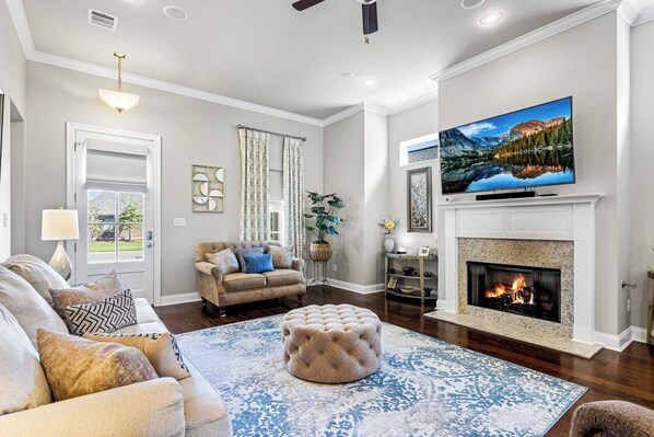 Smart TV, fireplace, books