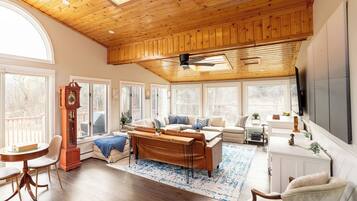 Smart TV, fireplace, DVD player, books