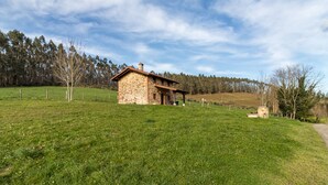Een stenen huis met een schuin dak, omringd door een grasveld en bomen.