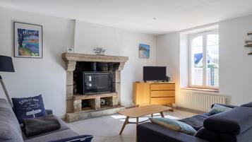 Tv, eldstad, dvd-spelare och ett bordtennisbord