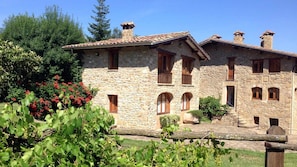 Een gebouw van steen met meerdere ramen en een pannendak, omringd door groen en een wijngaard.