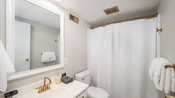 Regadera, secadora de cabello, toallas