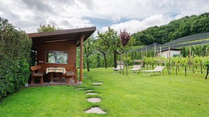 A rustic cabin with a dining area, a patio with chairs, and a vineyard in the background.