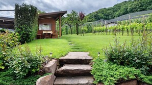 A modern building with a covered outdoor seating area, a stone pathway leading to it, and a vineyard in the background.
