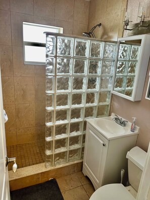 Features a glass shower enclosure, white sink, and toilet, with a small mirror above the sink.