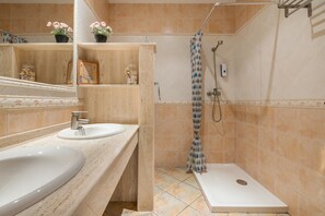 Shower, hair dryer, towels