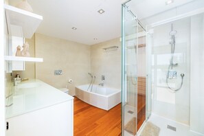 Shower, hair dryer, towels