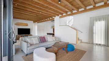 Een televisie, een open haard en een tafeltennistafel