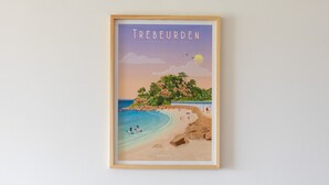 A framed artwork of a beach scene with the text 'TREBEURDEN' and 'LA PLACE DE TRESMEUR' at the top.
