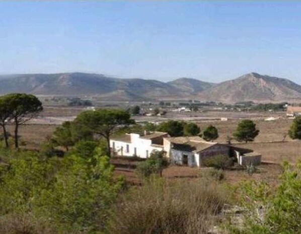 Paisaje rural con algunos edificios, árboles y montañas al fondo.