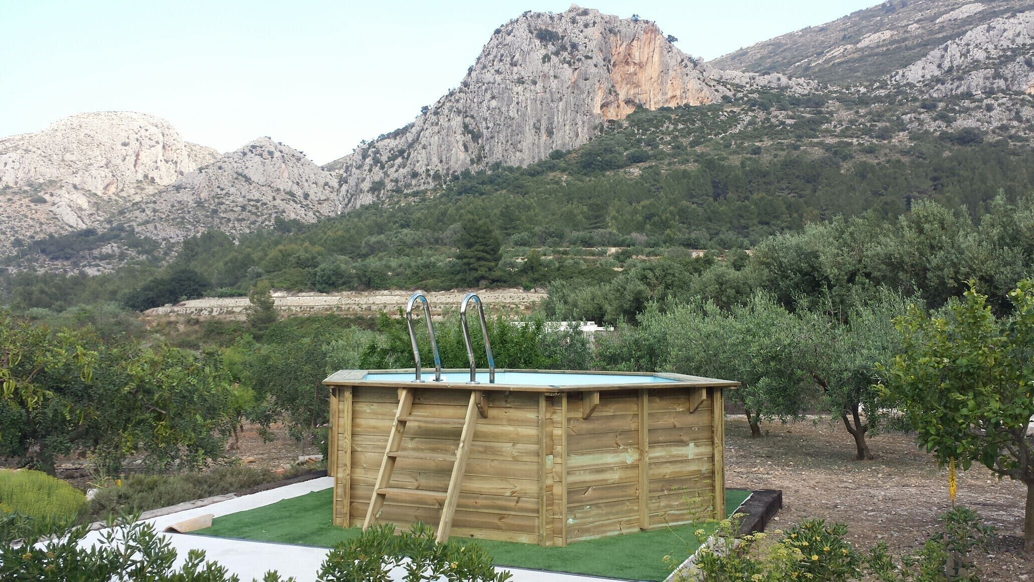 A wooden shed with a ladder, surrounded by greenery and mountains.