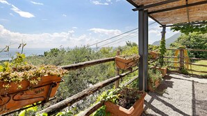 Une terrasse avec vue sur la mer, des balustrades en bois et des plantes en pot.