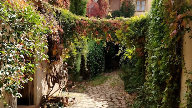 A narrow cobblestone alley with a rustic building on one side, a wooden cart, and dense foliage.