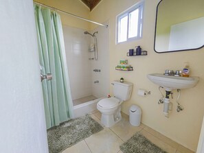 Hair dryer, towels, soap, toilet paper
