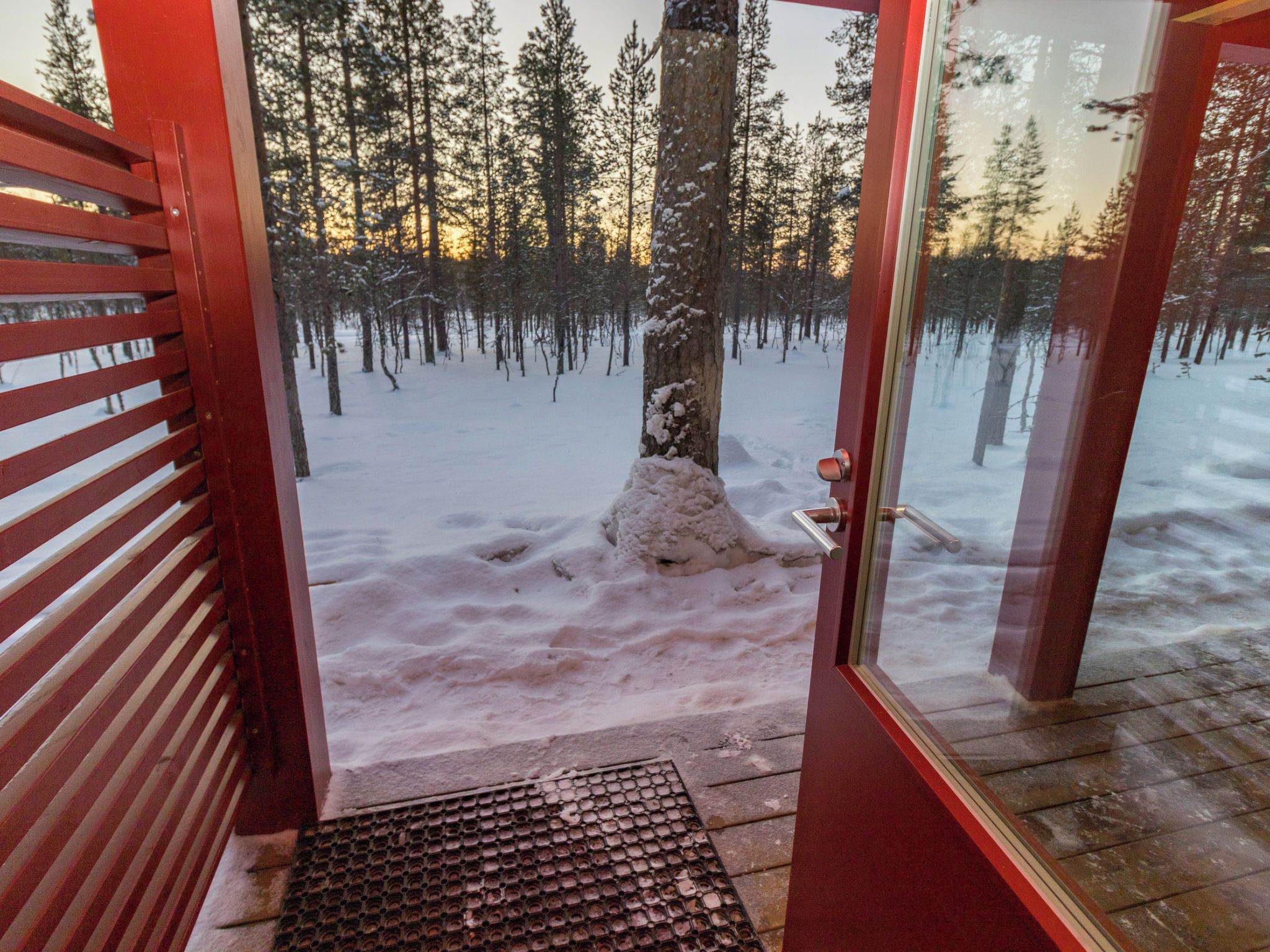 A wooden cabin entrance with a glass door leading to a snowy forest.