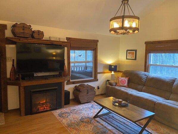 Smart TV, fireplace, books
