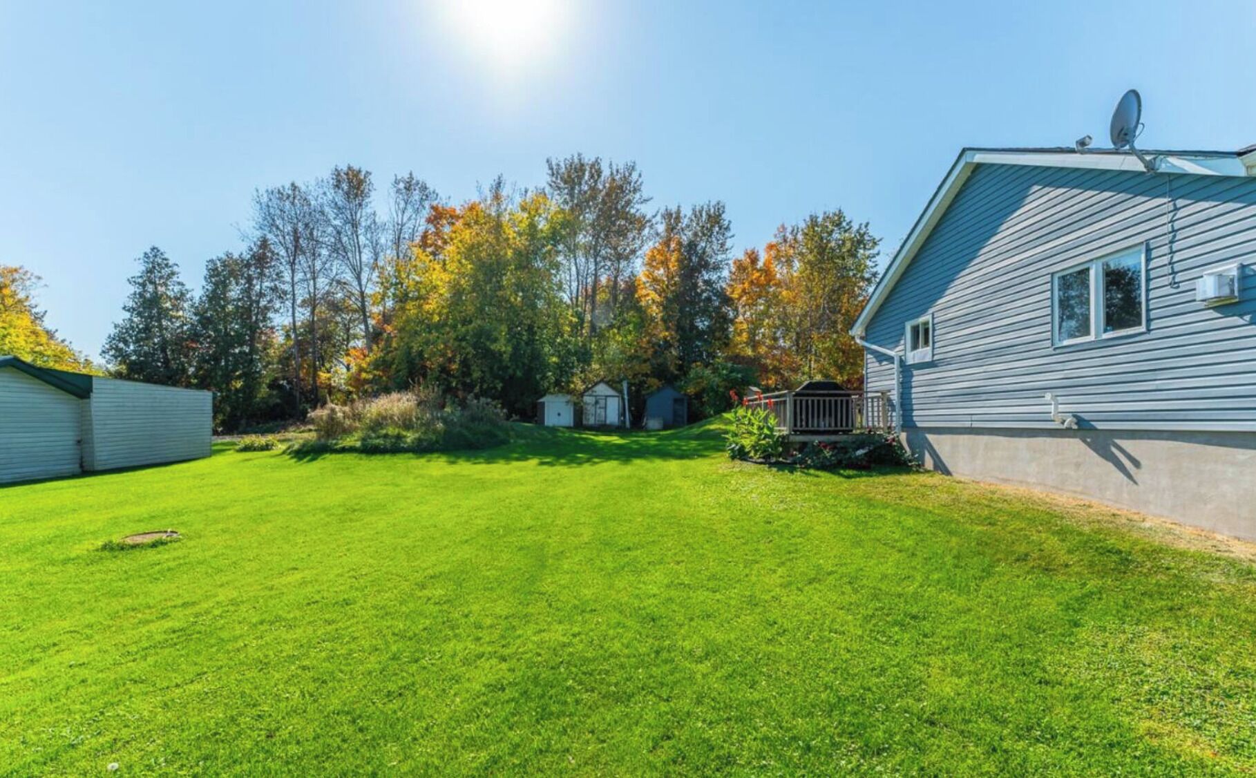 A residential property with a well-maintained lawn, a detached garage, and a house with a satellite dish.