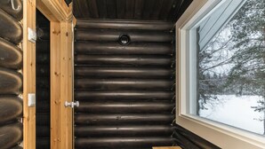 Hirsihutun sisätilat: puinen penkki, ikkuna, josta avautuu lumipeitteinen maisema, ja lattialla oleva saunalaatikko.