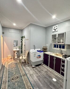 Hair dryer, towels, soap