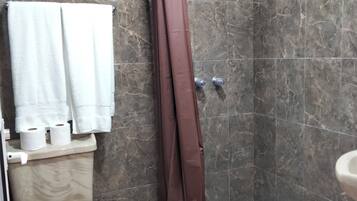 Hair dryer, towels, soap, toilet paper