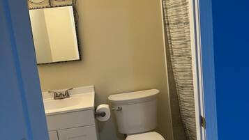 Hair dryer, towels, soap, toilet paper