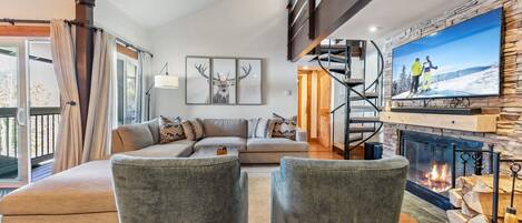 Smart TV, fireplace, books