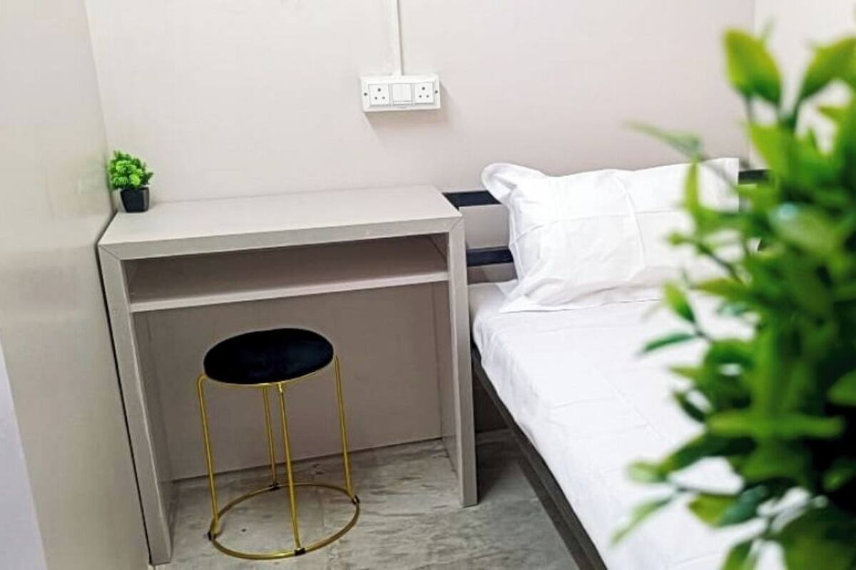 A hotel room with a bed, a desk with a chair, a small plant, and a power outlet on the wall.