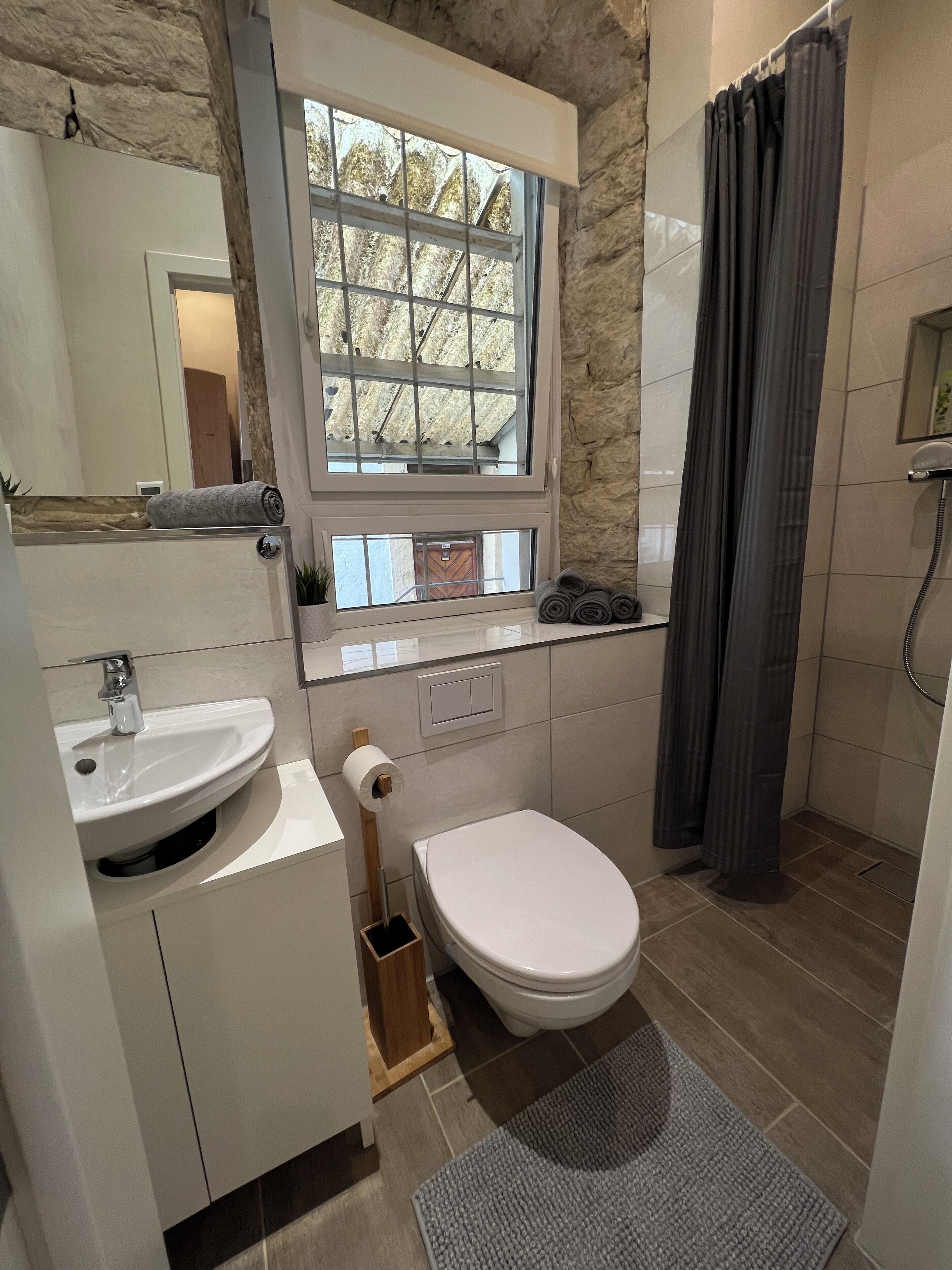 Hair dryer, towels, soap, toilet paper