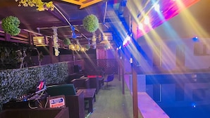 Zona de bar con mobiliario de madera, plantas colgantes y vistas a la piscina.