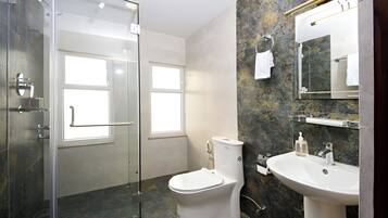 Un baño moderno con ducha envuelta en vidrio, inodoro y lavamanos con frontis de mármol.