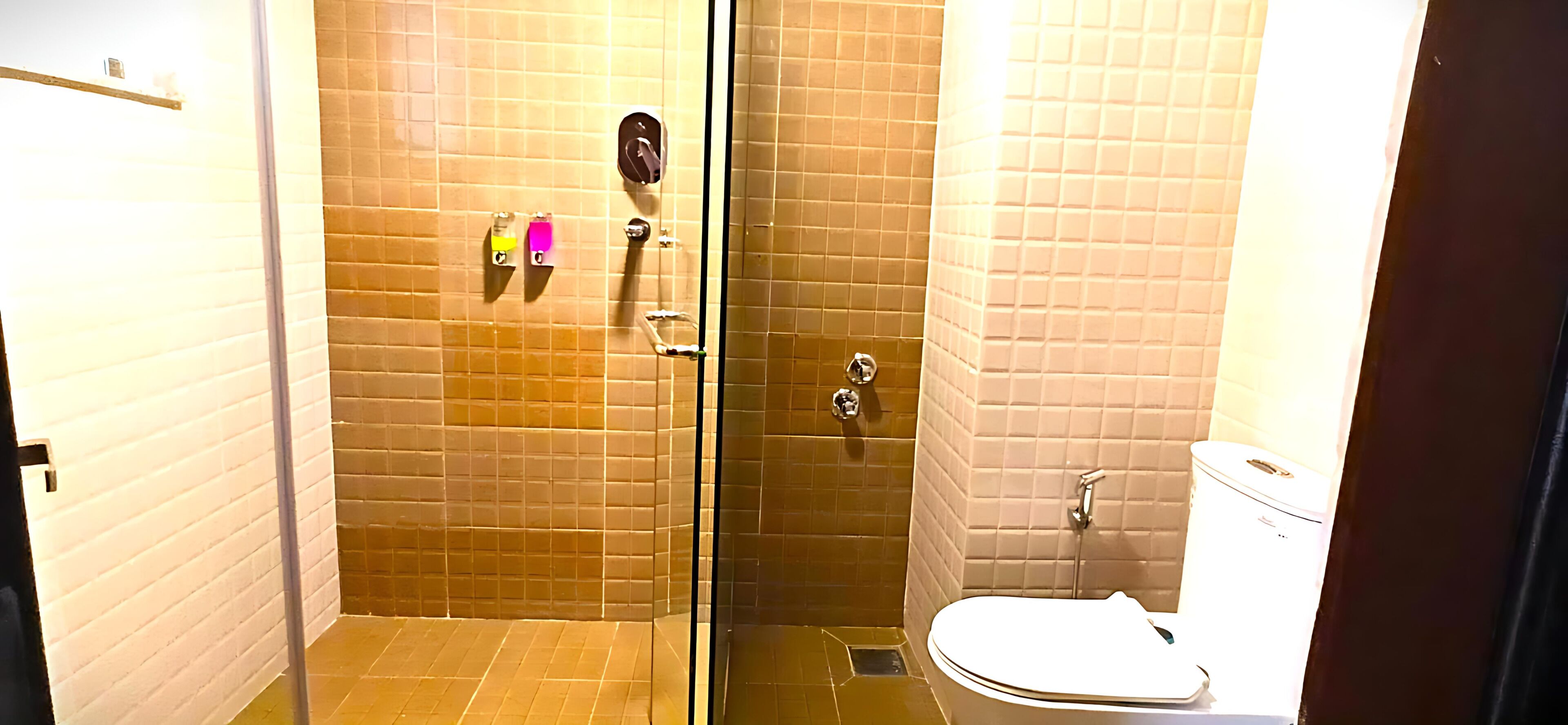 A bathroom with a glass shower enclosure, a toilet, and a sink.