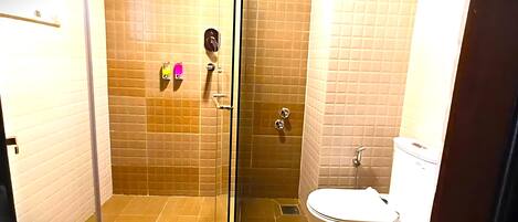 A bathroom with a glass shower enclosure, a toilet, and a sink.