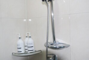 Hair dryer, towels, soap, toilet paper