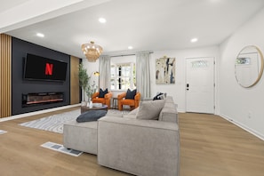 Smart TV, fireplace, foosball