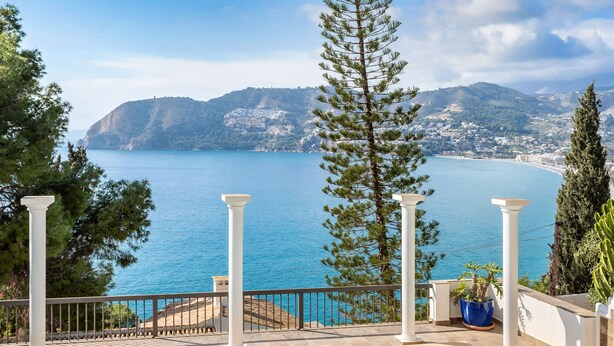 A pool area with a view of a coastal landscape, including a mountain and a body of water. - Villa, Private Pool, 5-Minute Walk to the Beach (La Herradura)