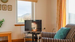 Een woonkamer met een televisie op een glazen standaard, een gestreept fauteuil, een houten tafel en een raam met uitzicht op bergen.