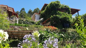 Un jardín con diversas plantas y flores, edificios de piedra con techos rojos, y un cielo azul despejado.