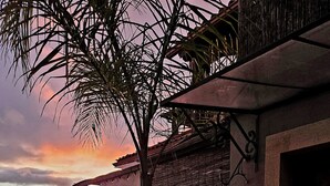 Un patio adoquinado con vistas a un atardecer, una pérgola con mosquitero y flores rosadas al frente.