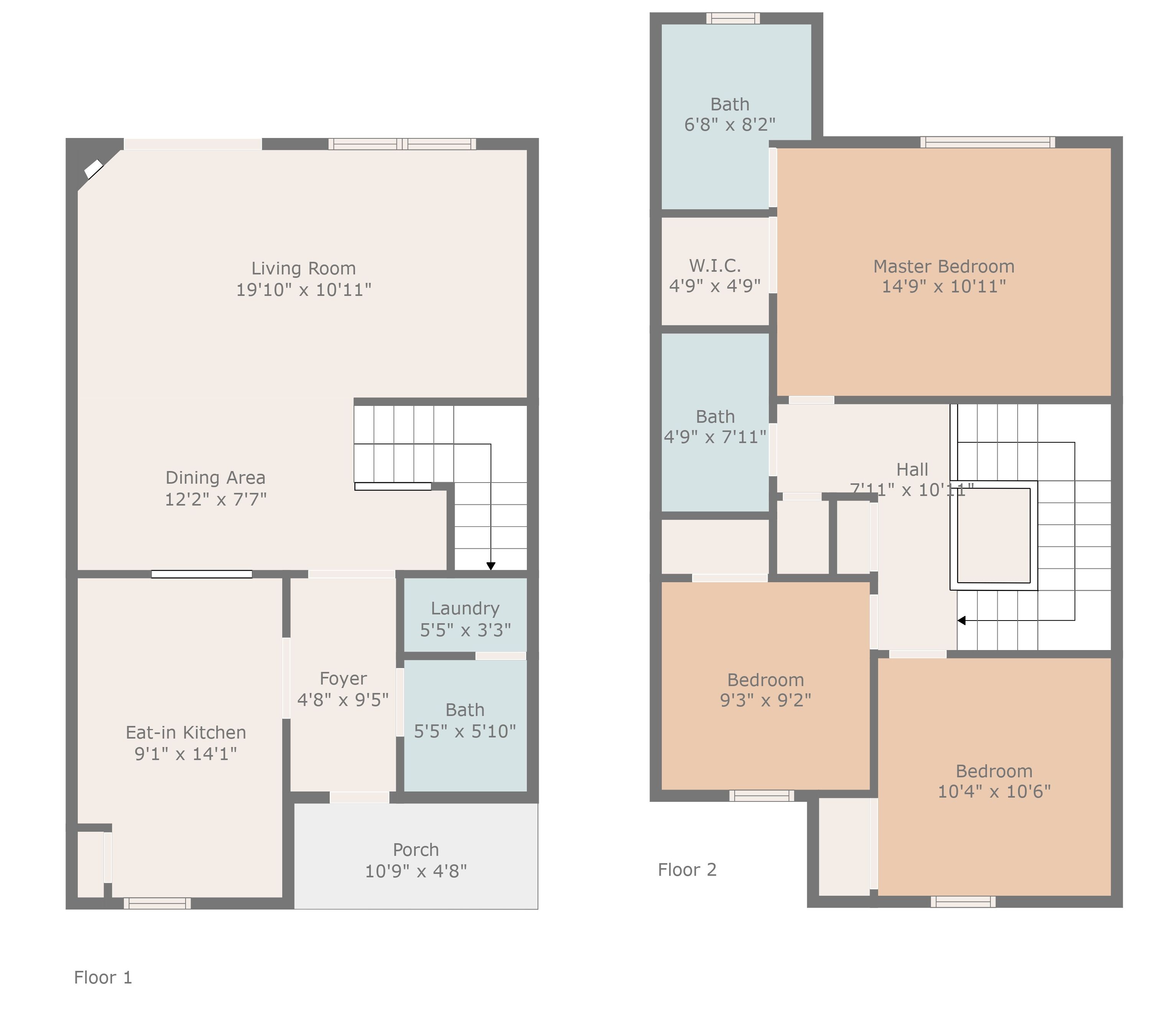 A floor plan of a hotel with two floors. Each floor has a living room, dining area, kitchen, and bedrooms. The plan includes dimensions for each room.