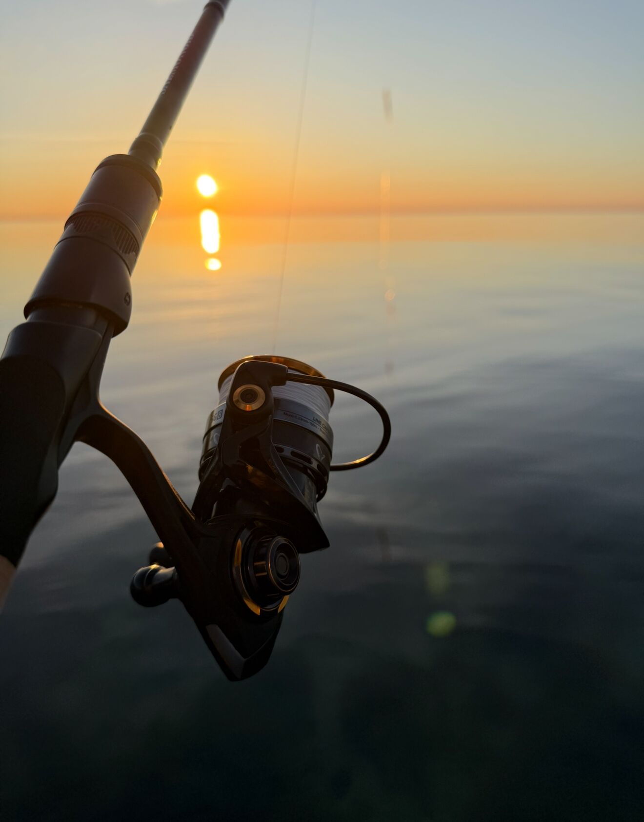A fishing rod with a reel, held against a sunset background.