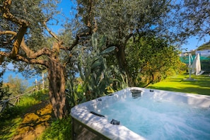 A hot tub in a lush garden with trees and a clear sky. - Villa Blue Capri in Massa Lubrense (Massa Lubrense)