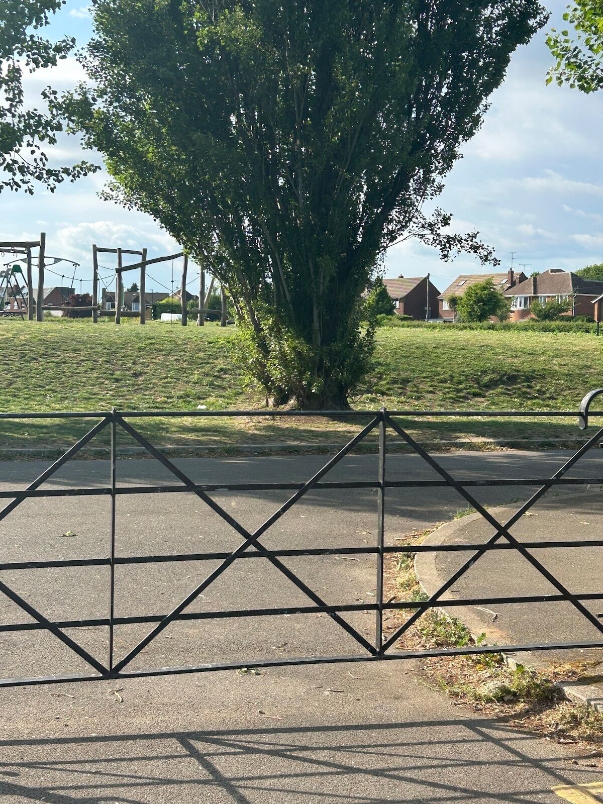 A fenced playground area with a large tree and houses in the background.
