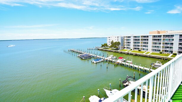 A marina with boats docked, a building with multiple balconies, and a clear sky.