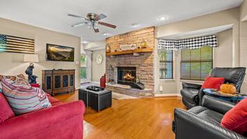 TV, fireplace, table football