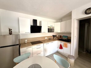 Réfrigérateur, micro-ondes, plaque de cuisson, lave-vaisselle